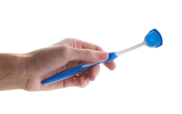 Woman Holding Tongue Cleaner Oral Care White Background Closeup — Stock Photo, Image