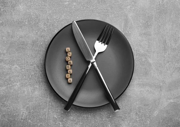 Plate Cutlery Word Anorexia Made Wooden Cubes Grey Table Top — Stock Photo, Image