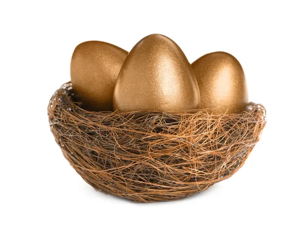 Nest Met Gouden Eieren Geïsoleerd Wit Pensioenconcept — Stockfoto