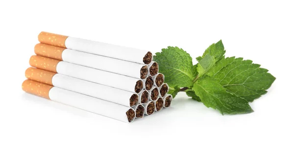 Menthol Cigarettes Fresh Mint Leaves White Background — Stock Photo, Image