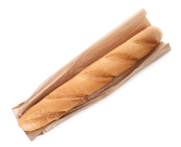 美味的面包和包裹隔离在白色 顶部视图 新鲜面包 — 图库照片
