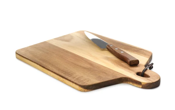 Holzschneidebrett Mit Messer Isoliert Auf Weiß Kochutensilien — Stockfoto