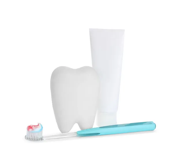 Zahnhalter Paste Und Bürste Auf Weißem Hintergrund — Stockfoto
