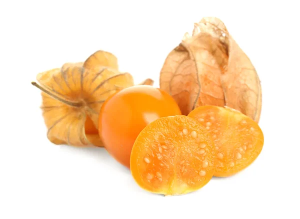 Fruits Coupés Physalis Entiers Avec Écorce Sèche Sur Fond Blanc — Photo