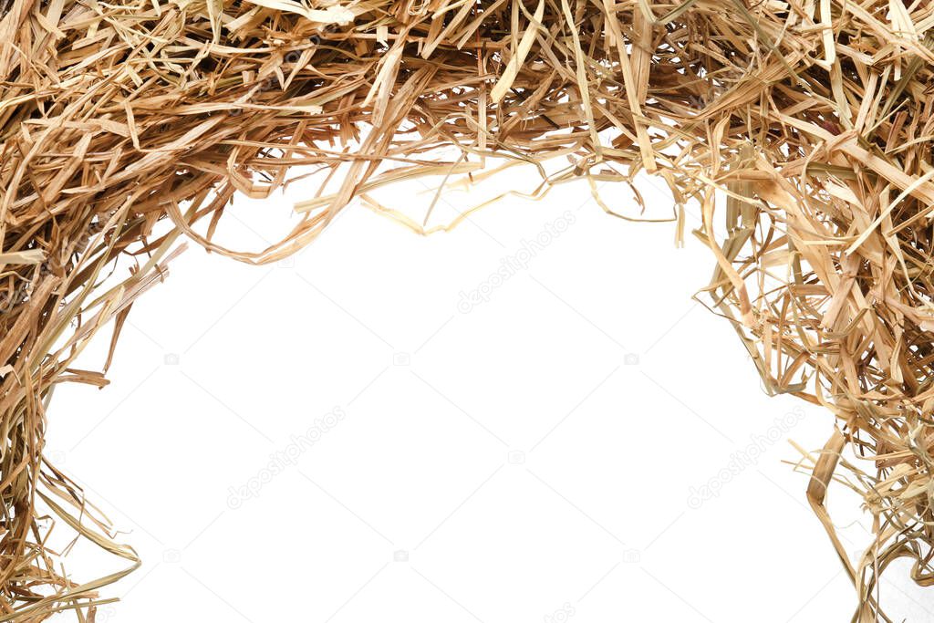 Dried hay on white background, top view. Space for text