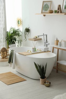 Modern küvetin, ev bitkilerinin ve güzel dekorun olduğu şık bir banyo. Ev tasarımı