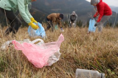 İnsanlar doğada çöp topluyor, plastik çöplere odaklanıyor.