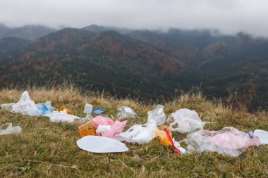 Doğada çimlere saçılmış plastik çöpler.