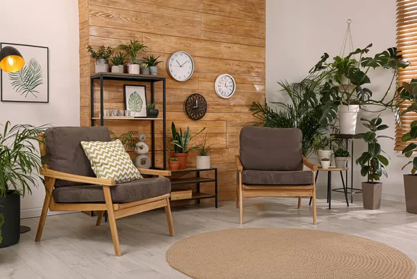 Elegante Habitación Interior Con Hermosas Plantas Verdes Muebles Cómodos — Foto de Stock