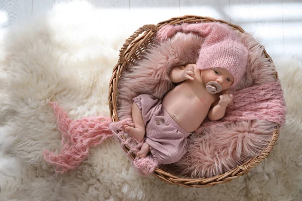 Adorable Newborn Baby Pacifier Wicker Basket Top View — Stock Photo, Image