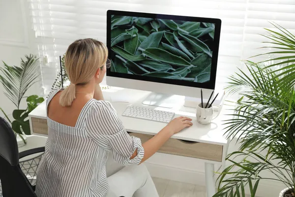 Vrouw Aan Computer Aan Tafel Kamer Achteraanzicht Interieur Ontwerp — Stockfoto