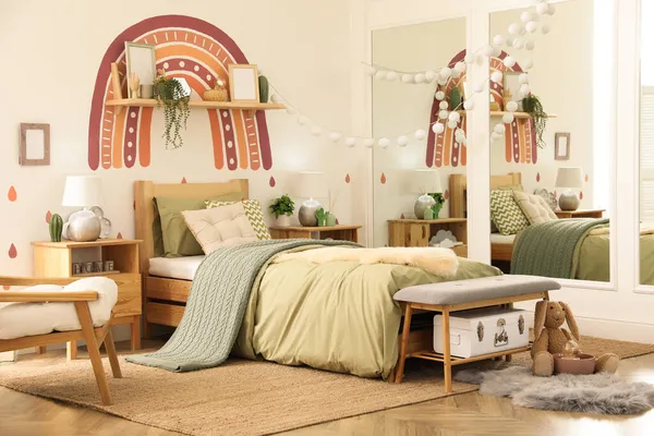 Інтер Спальні Сучасної Дівчини Стильними Меблями Ідея Дизайну — стокове фото
