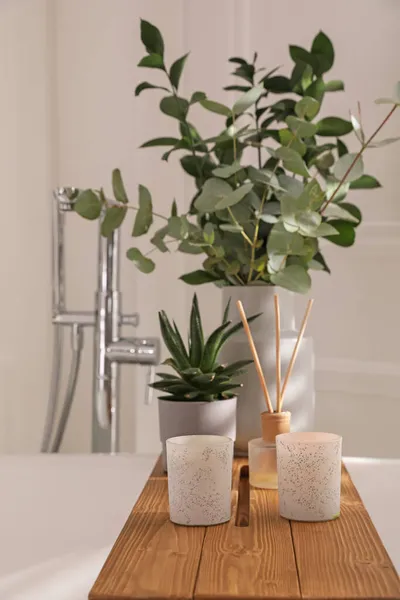 White Bathtub Stylish Decor Houseplants Bathroom Interior Design — Stock Photo, Image