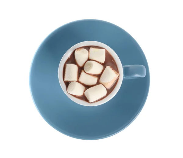 Copa Delicioso Chocolate Caliente Con Malvaviscos Aislados Blanco Vista Superior — Foto de Stock