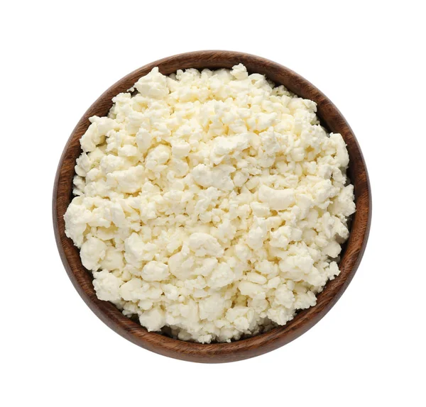 Delicious Fresh Cottage Cheese Bowl Isolated White Top View — Stock Photo, Image