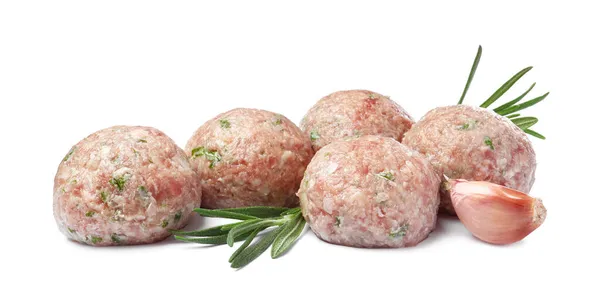 Many Fresh Raw Meatballs Garlic Rosemary White Background — Stock Photo, Image