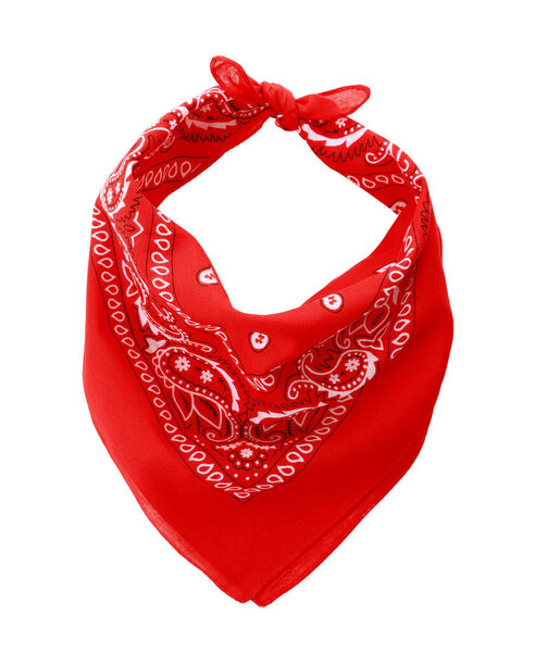 Tied red bandana with paisley pattern isolated on white, top view