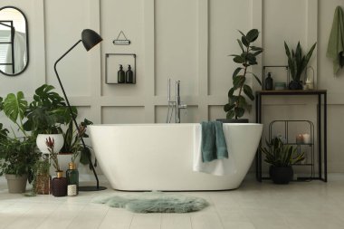 Modern küvet ve güzel ev bitkileriyle dolu şık bir banyo. Ev tasarımı