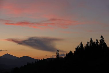 Güzel bulutlu gökyüzü alacakaranlıktaki ormanla dağların üzerinde