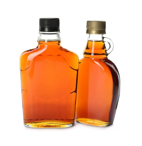 Bottles Tasty Maple Syrup White Background — Stock Photo, Image