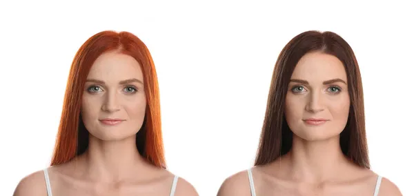 漂亮的年轻女子之前和之后的头发染色白色背景 条幅设计 — 图库照片