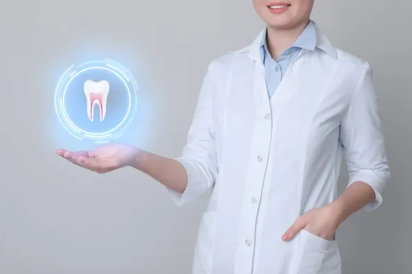 Dentysta Pokazuje Wirtualny Model Zęba Jasnoszarym Tle Zbliżenie — Zdjęcie stockowe