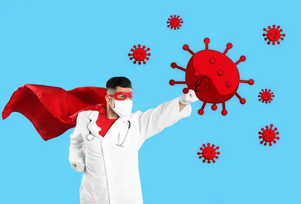 Dokter Memakai Masker Wajah Dan Kostum Superhero Melawan Virus Latar — Stok Foto