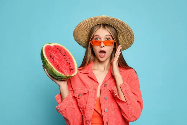 Beautiful Girl Half Watermelon Light Blue Background — Stock Photo, Image