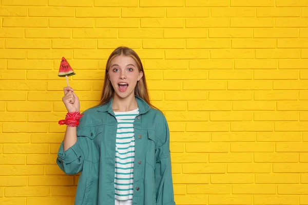 Beautiful Girl Piece Watermelon Yellow Brick Wall Space Text — Stock Photo, Image