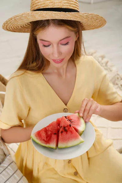 Beautiful Teenage Girl Slices Watermelon Indoors — Stock Photo, Image