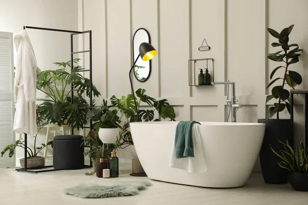 Modern Küvet Güzel Bitkileriyle Dolu Şık Bir Banyo Tasarımı — Stok fotoğraf