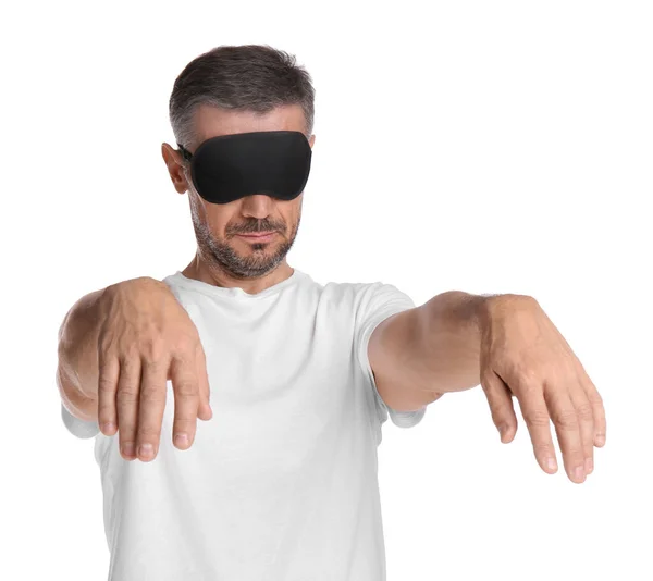 Homem Com Máscara Ocular Estado Sonambulismo Sobre Fundo Branco — Fotografia de Stock