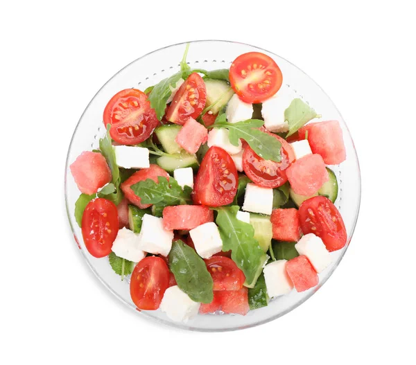 Délicieuse Salade Pastèque Légumes Fromage Feta Isolé Sur Blanc Vue — Photo