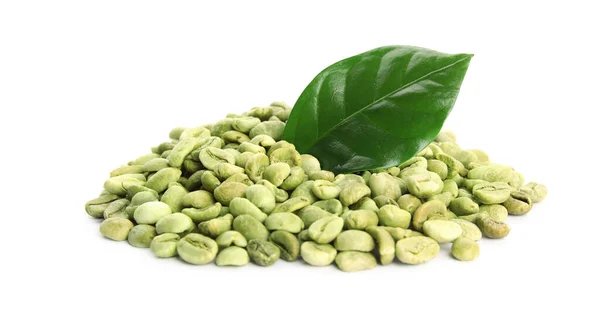 Groene Koffiebonen Verse Leaf Witte Achtergrond — Stockfoto