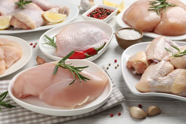 Fresh Raw Chicken Meat Other Products White Wooden Table — Stock Photo, Image