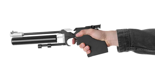 Gun Shooting Sport Man Aiming Standard Pistol White Background Closeup — Stock Photo, Image