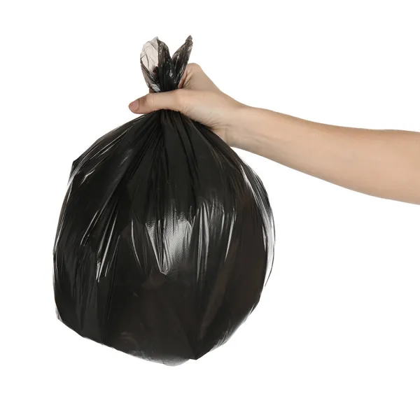 Woman Holding Trash Bag Filled Garbage White Background Closeup — Stock Photo, Image