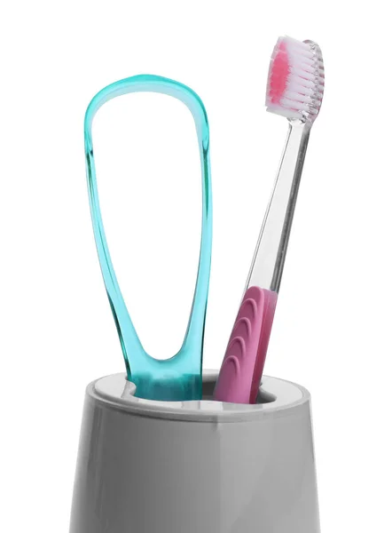 Holder Tongue Cleaner Toothbrush White Background — Stock Photo, Image