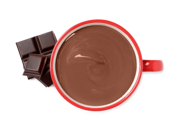 Вкусный Горячий Шоколад Красной Чашке Белом Фоне Вид Сверху — стоковое фото