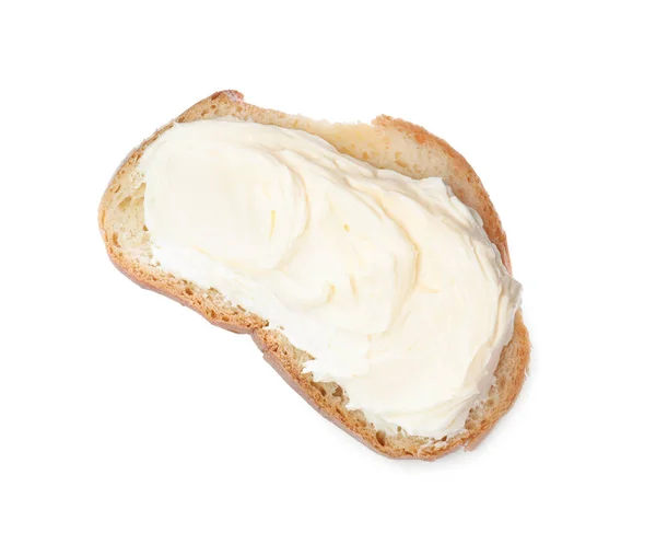 Scheibe Brot Mit Leckerem Frischkäse Isoliert Auf Weißem Papier Von — Stockfoto