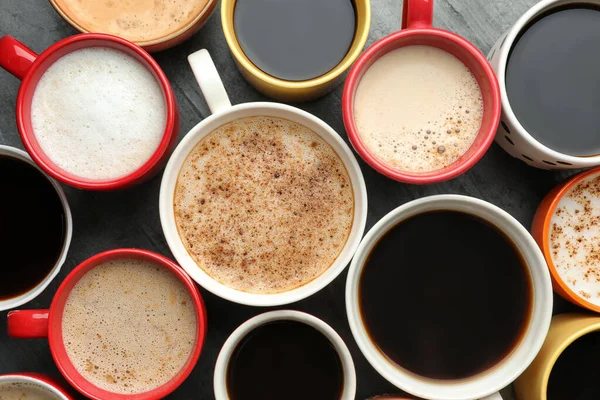 Many Cups Different Coffees Table Flat Lay — Stock Photo, Image