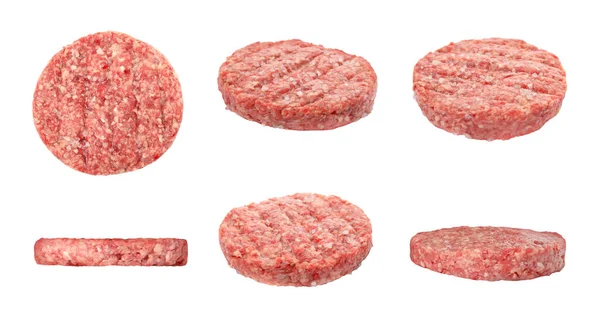 Beyaz Arka Planda Taze Çiğ Hamburger Köfteleriyle Ayarlandı — Stok fotoğraf