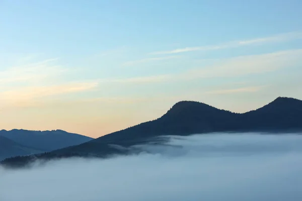 Hermoso Paisaje Montaña Con Espesa Niebla Fotografía Drones —  Fotos de Stock