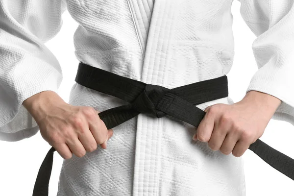 Karate Trenér Nošení Kimono Černý Pás Bílém Pozadí Detailní Záběr — Stock fotografie