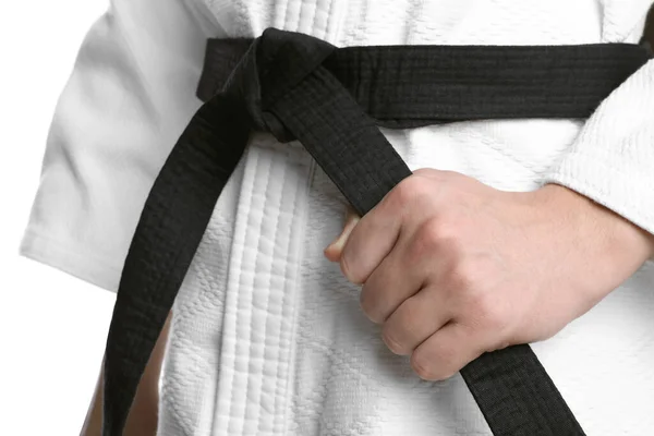 Karate Coach Wearing Kimono Black Belt White Background Closeup — Stock Photo, Image