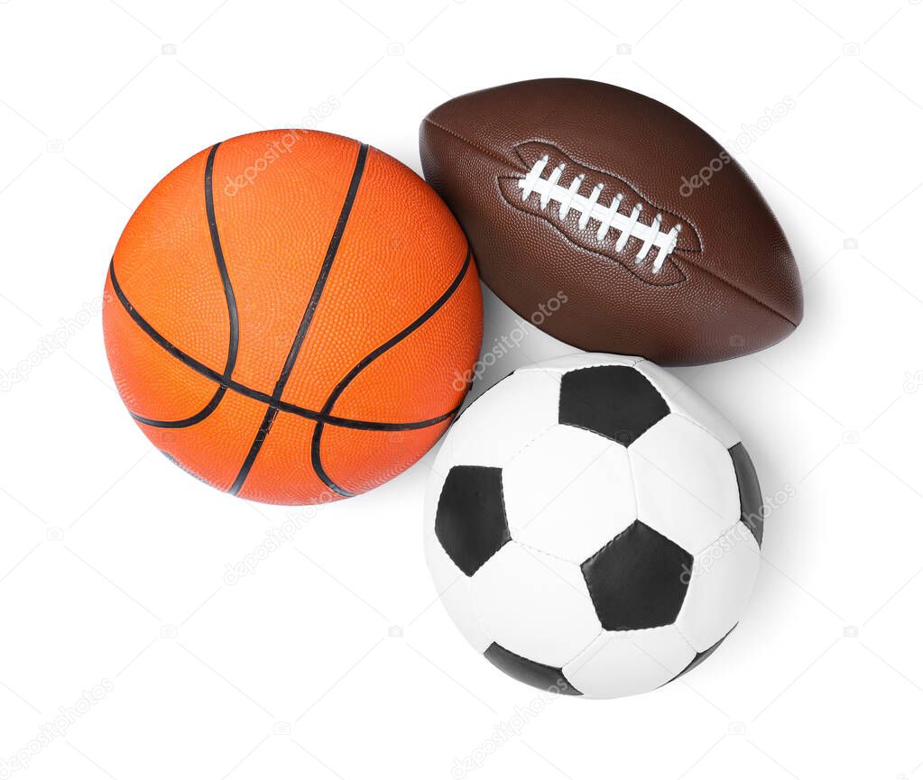 Set of different sport balls on white background, top view