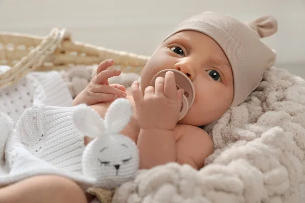 Adorable Bebé Recién Nacido Con Chupete Juguete Canasta Mimbre Interiores — Foto de Stock