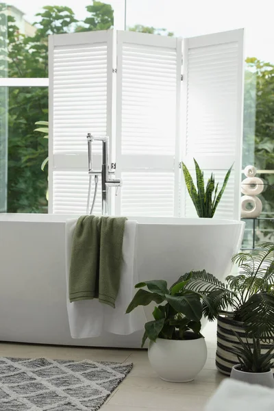 Élégant Intérieur Salle Bain Avec Baignoire Moderne Fenêtre Belles Plantes — Photo