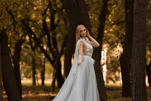 Hermosa Chica Con Vestido Hadas Bosque Otoño — Foto de Stock