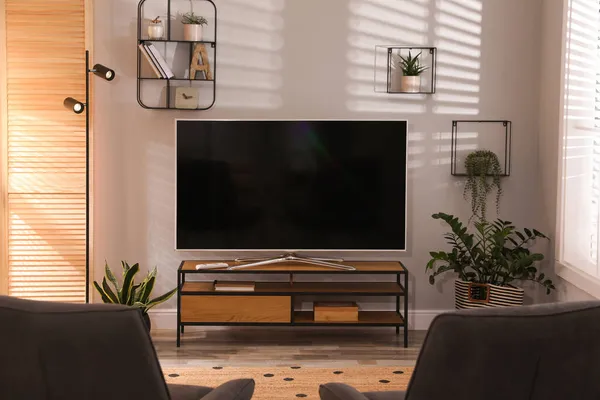 Stilvolles Wohnzimmerinterieur Mit Fernseher Auf Schrank Und Zimmerpflanzen — Stockfoto